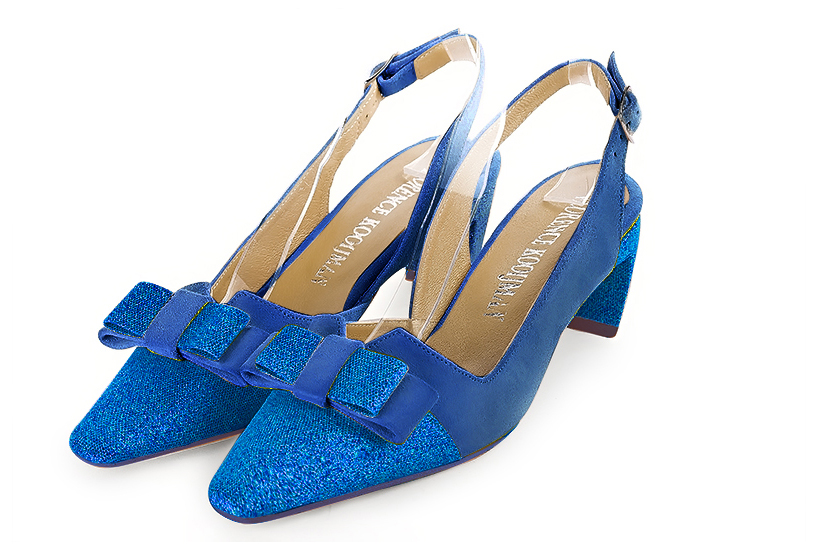Electric blue women's open back shoes, with a knot. Tapered toe. Medium comma heels. Front view - Florence KOOIJMAN
